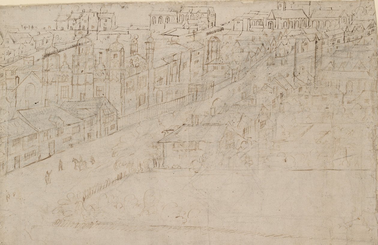 London panorámája Southwarkból nézve: Borough High Street St Mary Overyvel, 1554 alkotó: Anthonis van den Wyngaerde