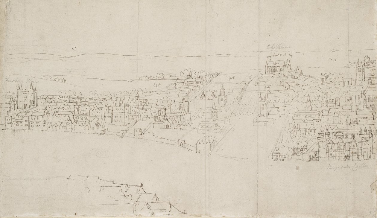 London panorámája Southwarkból nézve: Durham House a Barnards Castle-ig (toll és tinta fekete krétával, papíron) alkotó: Anthonis van den Wyngaerde