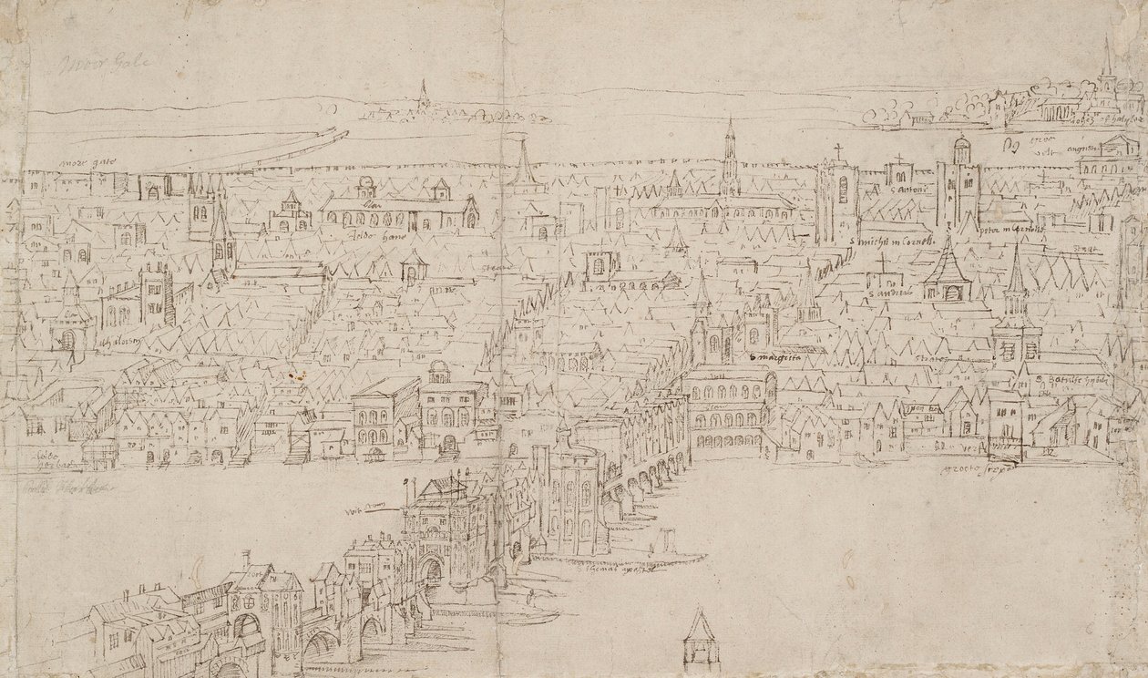 London panorámája Southwarkból nézve: London Bridge, 1554 alkotó: Anthonis van den Wyngaerde