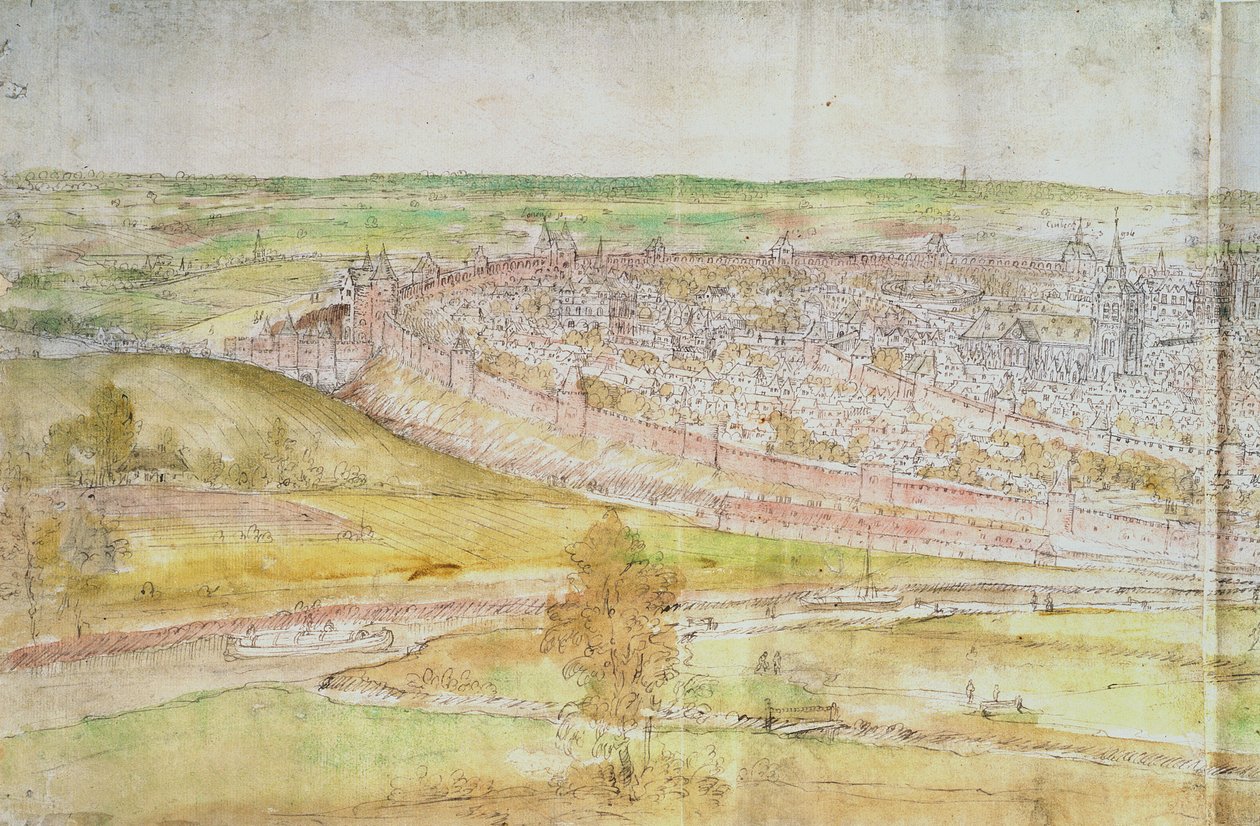 Panorámás kilátás Brüsszelre, 16. század (toll, tinta és WC papíron) alkotó: Anthonis van den Wyngaerde