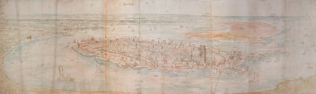 Panorámás kilátás Dordrechtre egy magas ponttól nyugatra, 1545 alkotó: Anthonis van den Wyngaerde