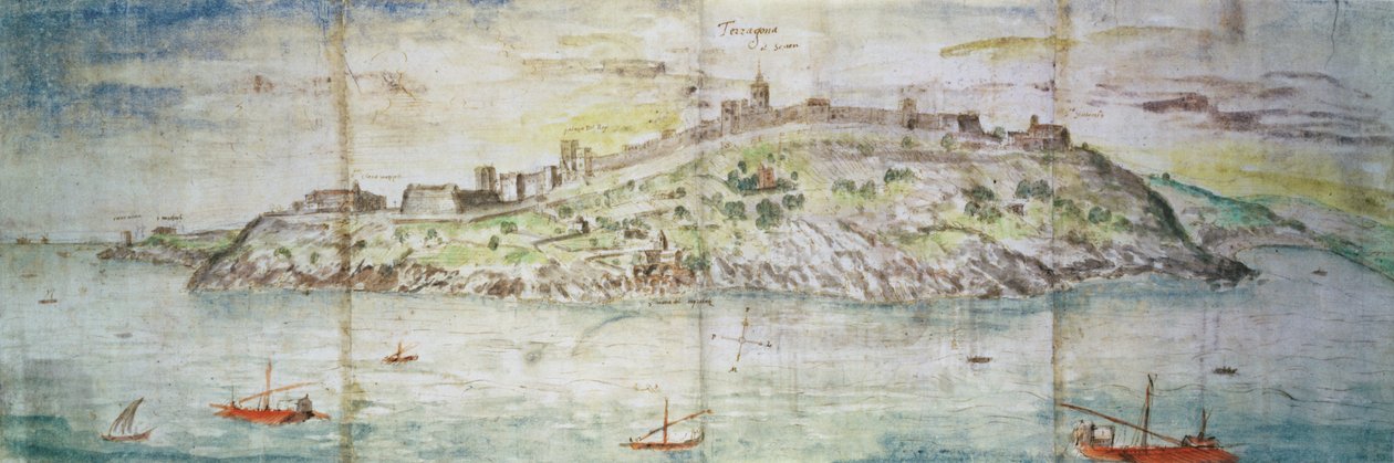 Panorámás kilátás Tarragonára, Spanyolország (toll, tinta és WC papíron) alkotó: Anthonis van den Wyngaerde