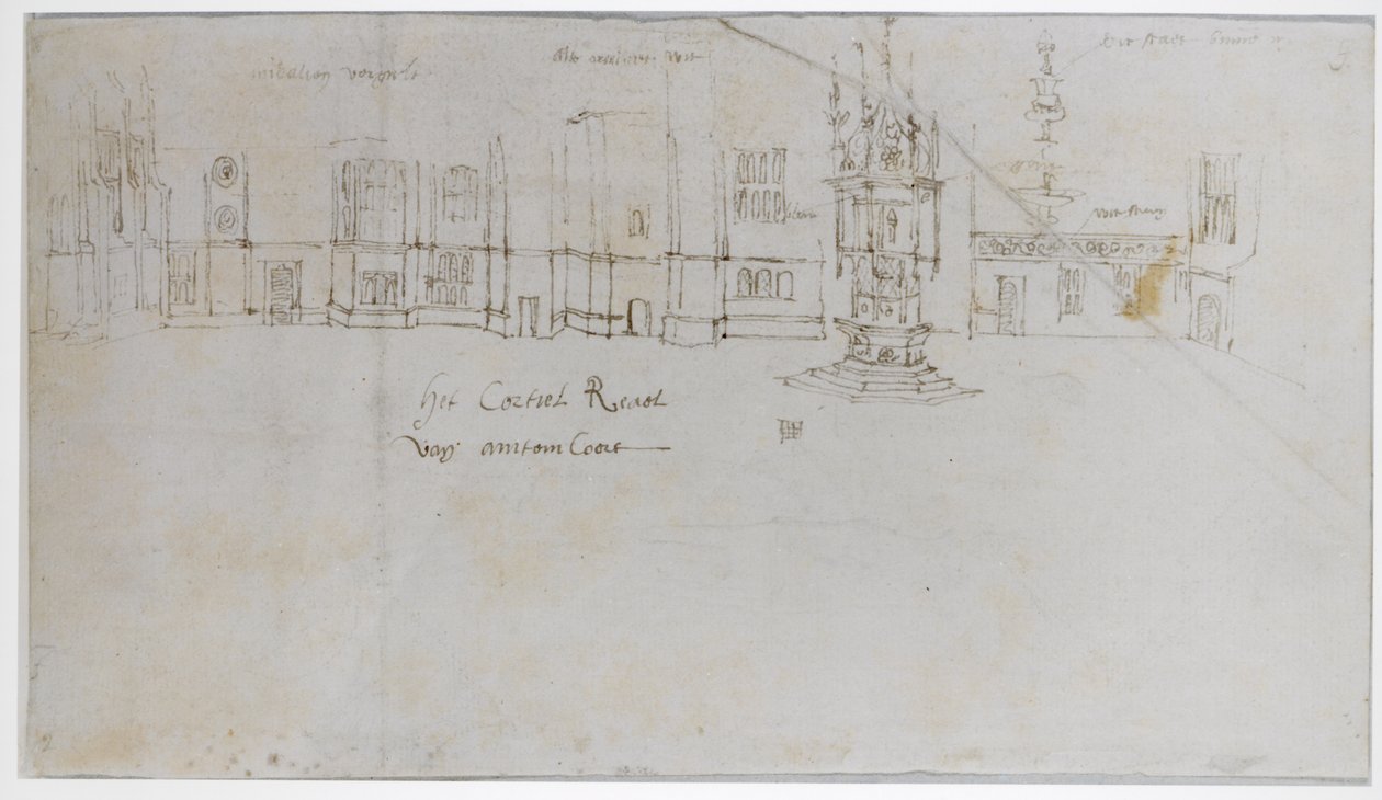 The Fountain Court, Hampton Court Palace, 1544 körül (toll, tinta és ceruza papíron) alkotó: Anthonis van den Wyngaerde