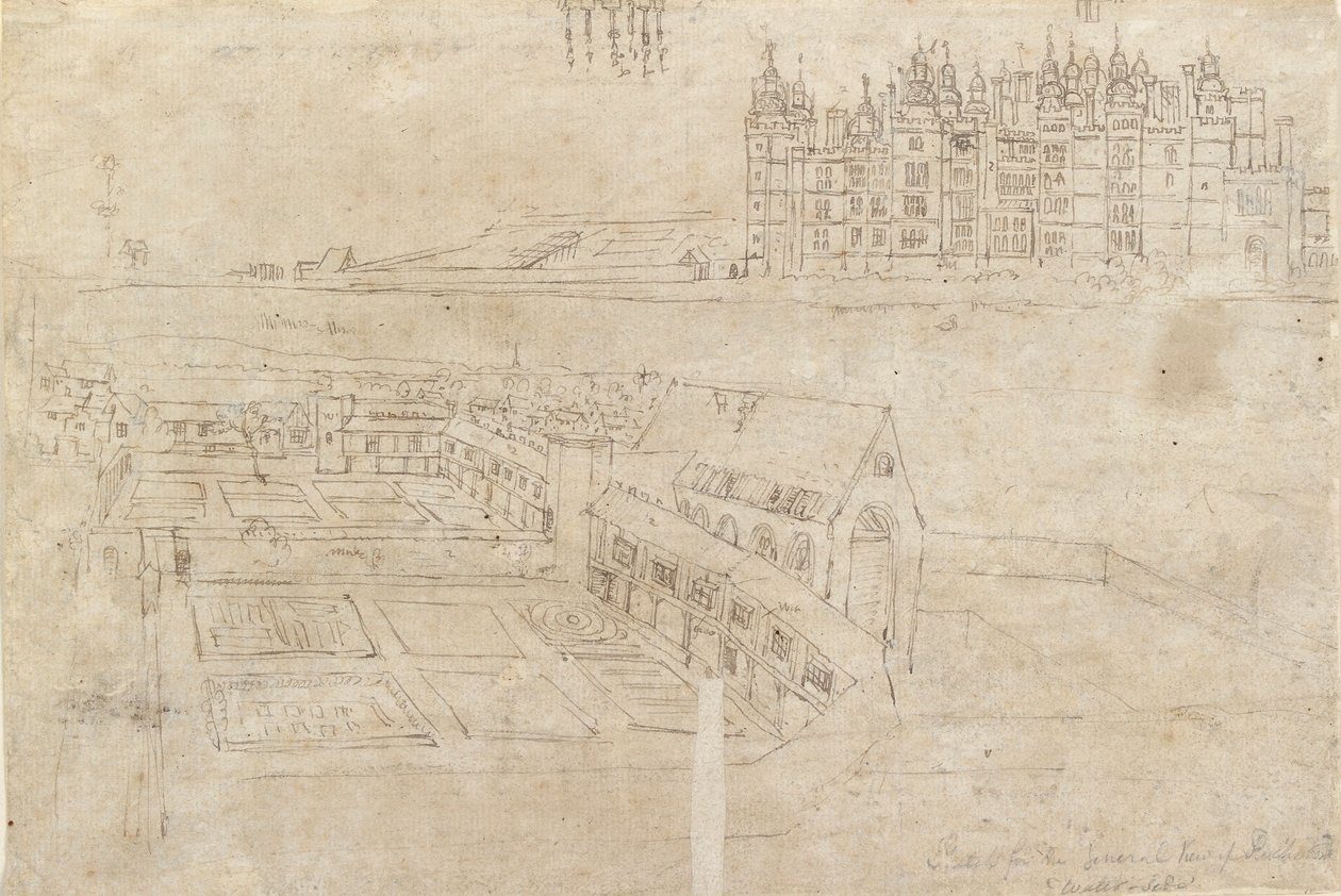 A Richmond-palota és a Privy Gardens folyópartja, 1550-es évek alkotó: Anthonis van den Wyngaerde