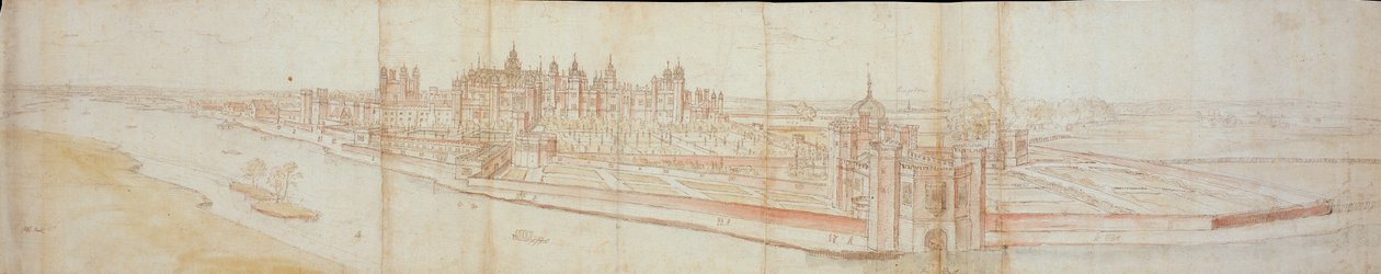 Kilátás a Hampton Court palotára délről, előtérben a folyóval, 1558 alkotó: Anthonis van den Wyngaerde