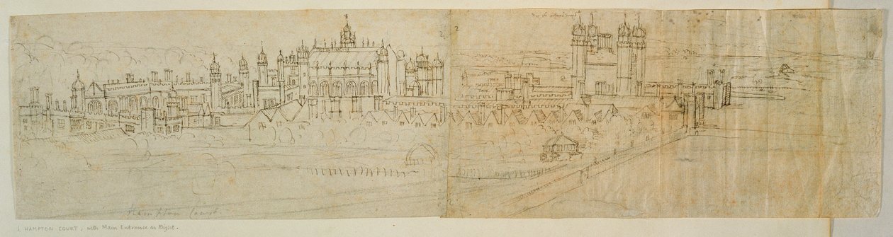 Hampton Court kilátása északról, a „Londoni panoráma” című filmből, 1544 körül (toll és tinta papíron) alkotó: Anthonis van den Wyngaerde