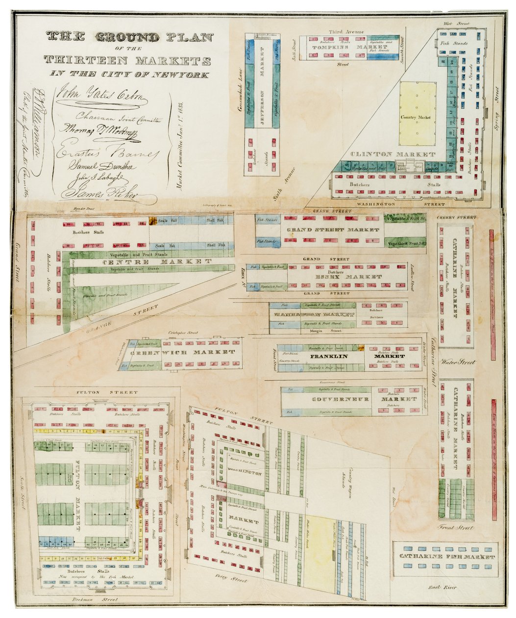 New York város tizenhárom piacának alaprajza, 1833 (fekete tinta, színes mosással, papíron) alkotó: Anthony Imbert
