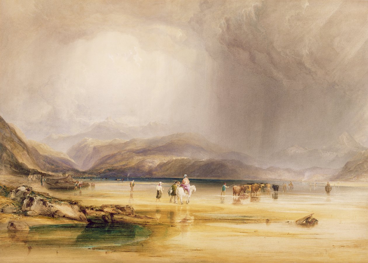 Kilátás a Snowdonról a Sands of Traeth Mawe-ból, a Fordnál, Pont Aberglaslyn és Tremadoc között, 1834 (wc és gouache grafiton papíron) alkotó: Anthony Vandyke Copley Fielding