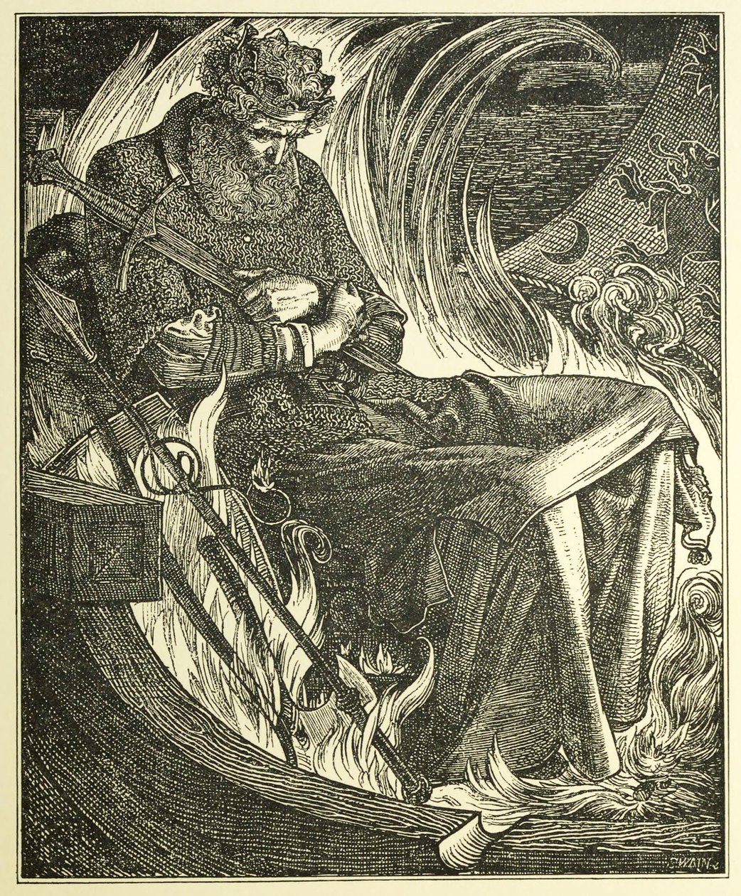 Warwulf király halála, kocsma. 1915 (metszet) alkotó: Anthony Frederick Augustus Sandys