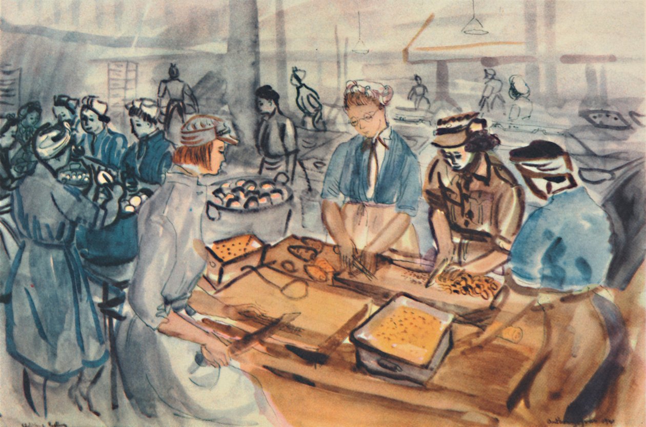 Aprítás és hámozás. Egy A.T.S. főzőközpont”, 1944. alkotó: Anthony Gross
