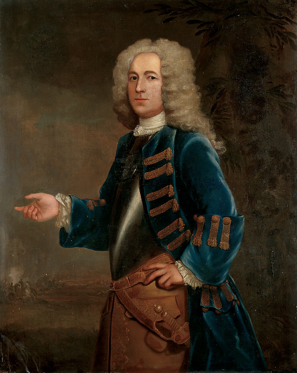 Henry Boyle, a lovak kapitányának portréja egy tájban, csatával a túloldalon, 1730 alkotó: Anthony Lee