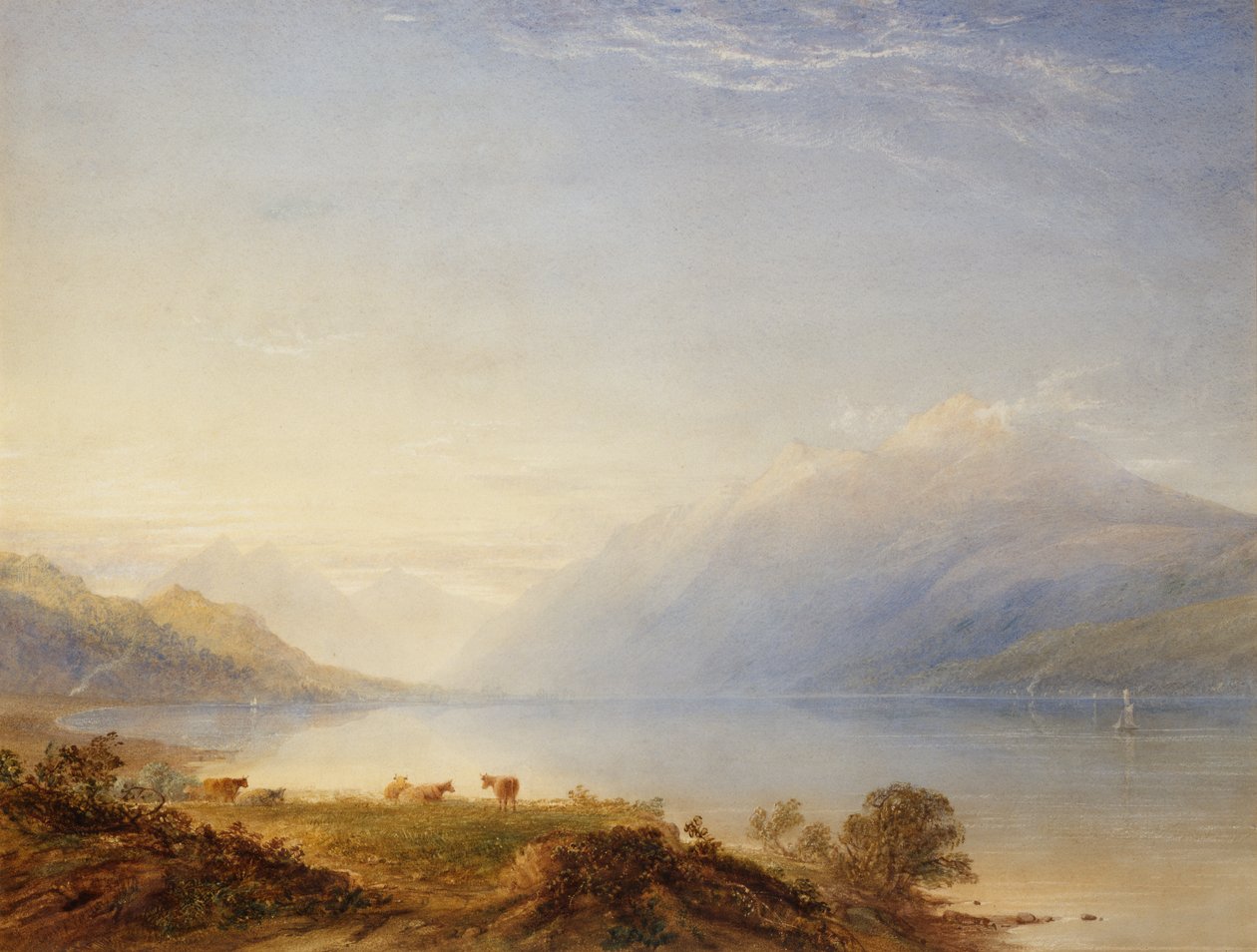 Szarvasmarhák egy tó mellett hegyekkel túl (akvarell) alkotó: Anthony Vandyke Copley Fielding