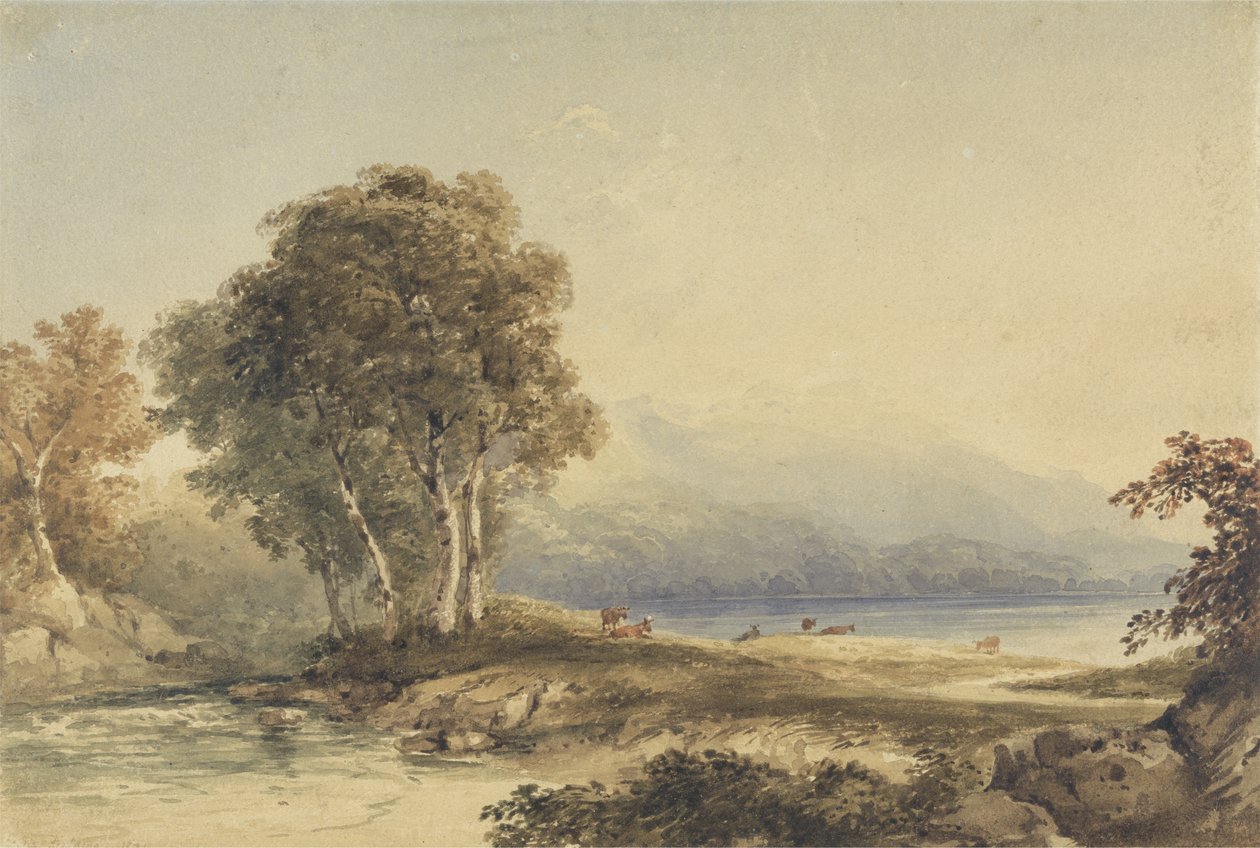 Hegyvidéki táj tóval és patakkal (wc grafit fölött, szőtt papíron) alkotó: Anthony Vandyke Copley Fielding