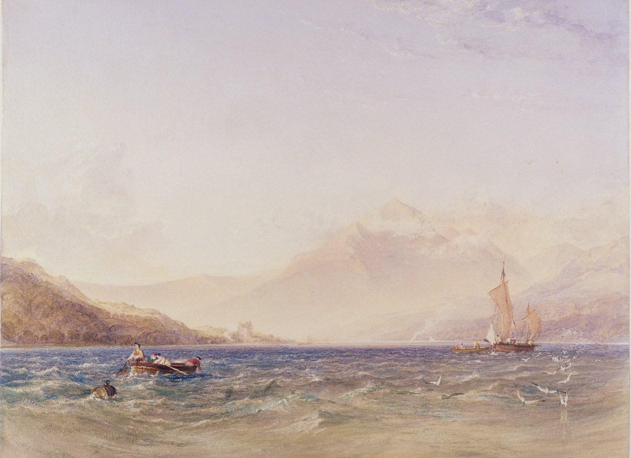 A Loch Fyne feje, Dindarra kastélyával, 1850 (wc, testszín grafit felett, papíron) alkotó: Anthony Vandyke Copley Fielding