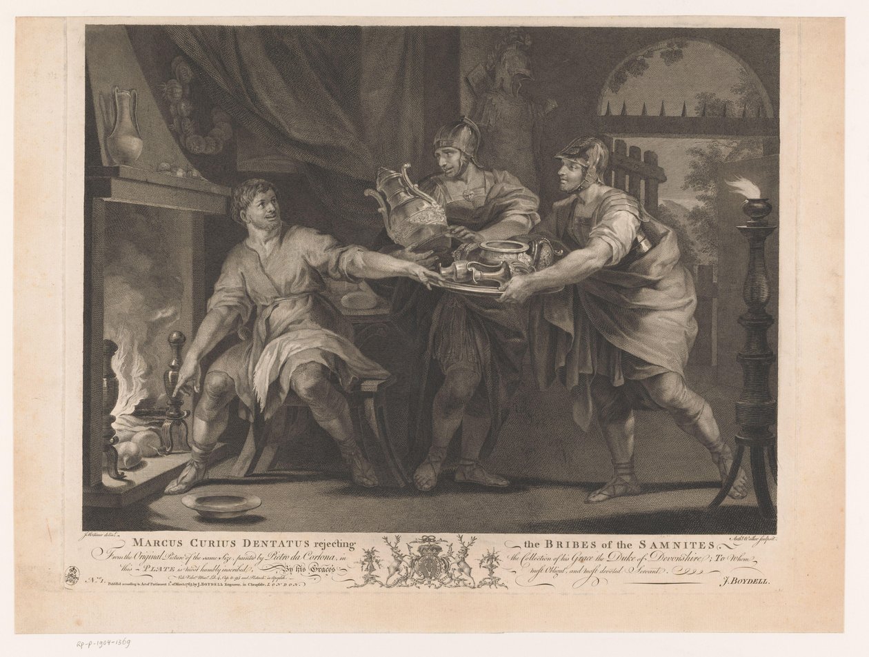 Manius Curius Dentatus visszautasítja a samniták ajándékait Marcus Curius Dentatus elutasítja a samniták kenőpénzét (cím a tárgyon) Tizenhetedik századi festmények a Devonshire-i gyűjteményből (sorozat címe) alkotó: Anthony Walker