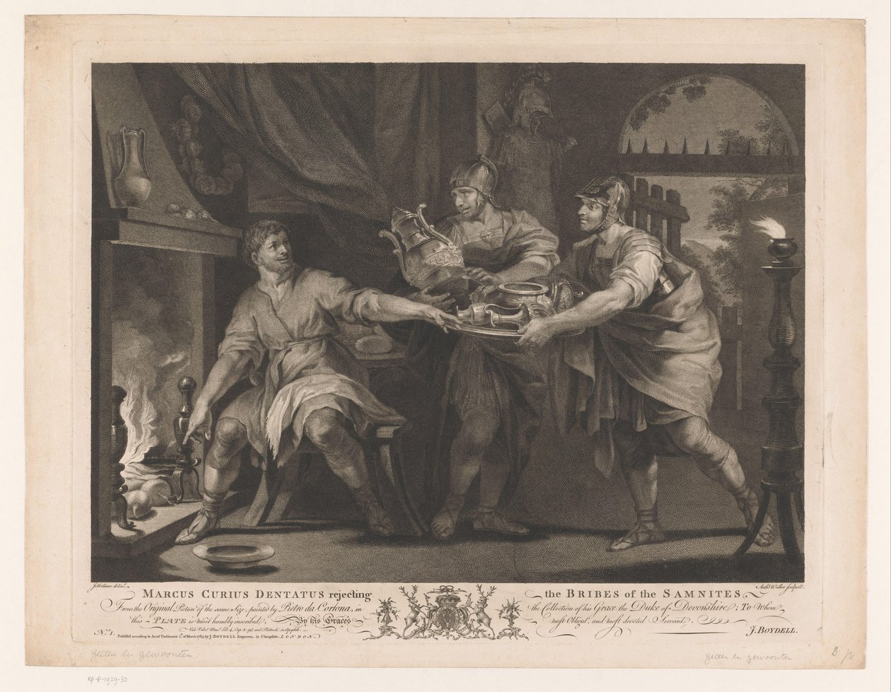 Manius Curius Dentatus visszautasítja a samniták ajándékait Marcus Curius Dentatus elutasítja a samniták kenőpénzét (cím a tárgyon) Tizenhetedik századi festmények a Devonshire-i gyűjteményből (sorozat címe) alkotó: Anthony Walker