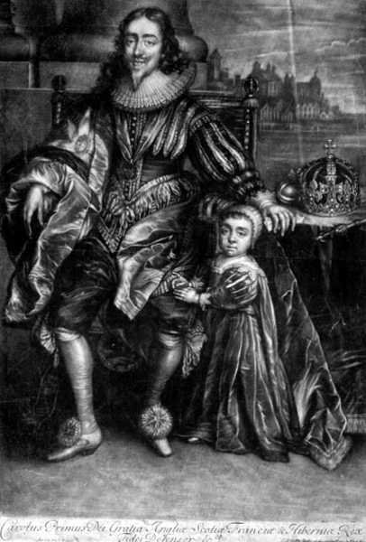 I. Károly (1600-49) egy fiával (metszet) alkotó: Anthony van (after) Dyck