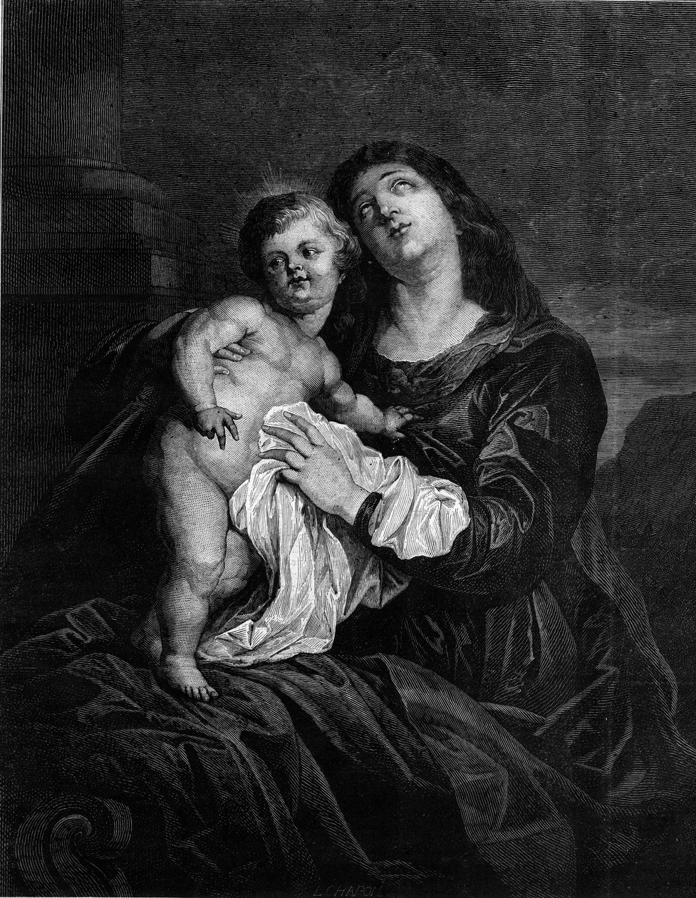 A Szűz és a Gyermek Jézus. Metszet Anton (Antoon vagy Anthony) van Dyck (1599-1641) festménye után. Metszet a „” Le Monde Illustré”” 1239. számában, 1880. december 25. alkotó: Anthony van (after) Dyck