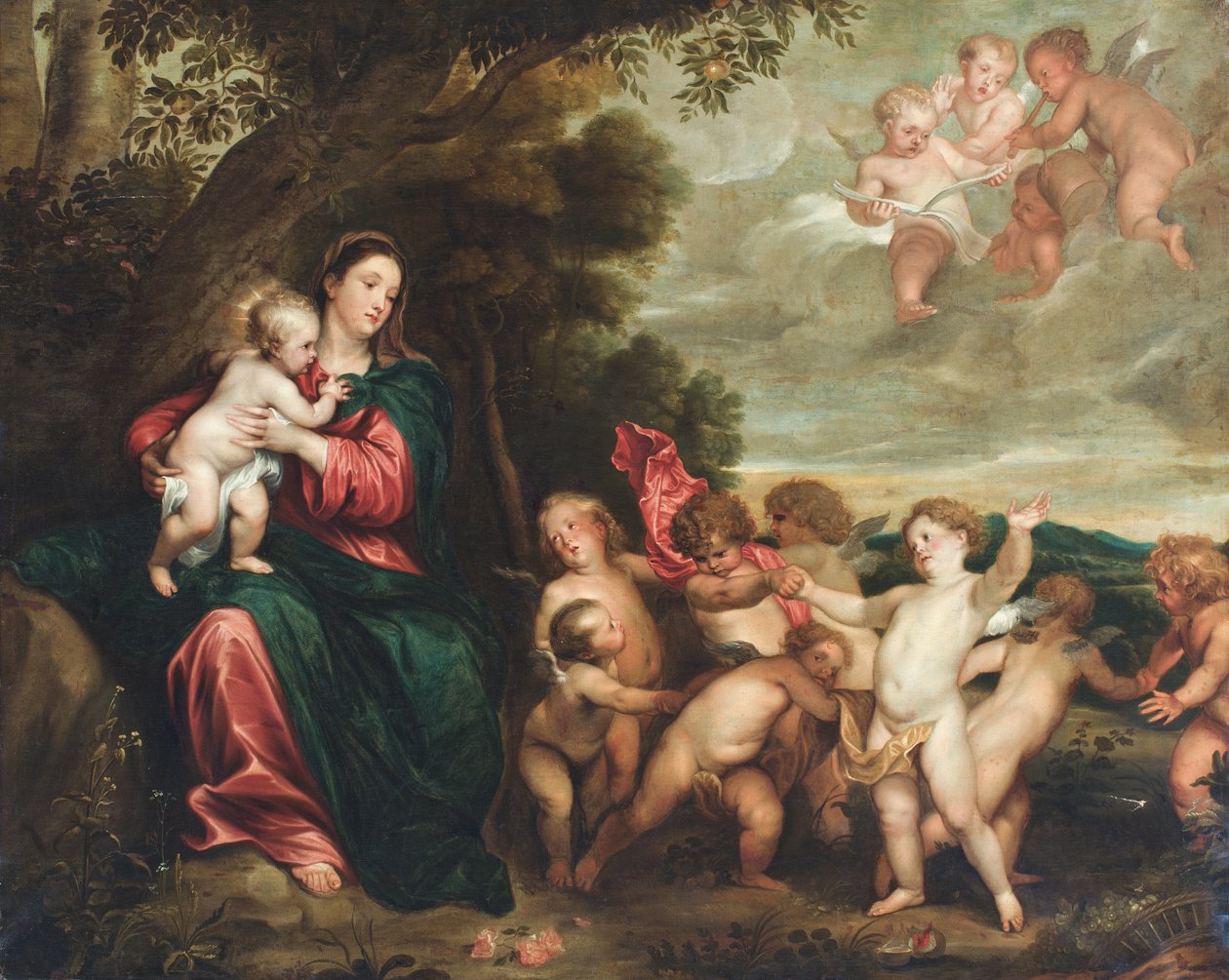 A Madonna és a Gyermek egy tájképben, a Keresztelő gyermek és az angyalok üdvözlik (Olaj, vászon.) alkotó: Anthony van (circle of) Dyck