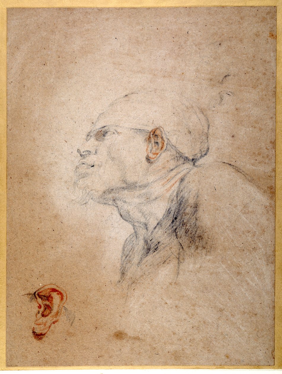 Férfi fej bekötözve, bal füle külön begyakorolt (fekete és piros kréta papíron) alkotó: Anthony van Dyck