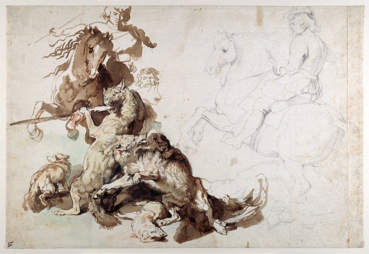 Farkas- és rókavadászat (Az európai vadászat) (papíron lemosott kréták) alkotó: Anthony van Dyck