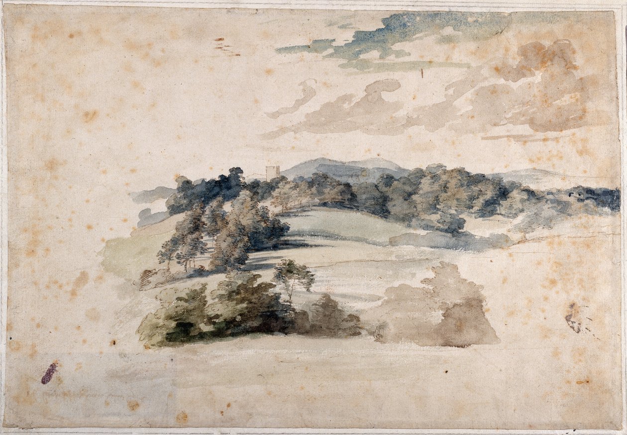 Rétek és erdős dombok angol tája (ceruza és akvarell papíron) alkotó: Anthony van Dyck