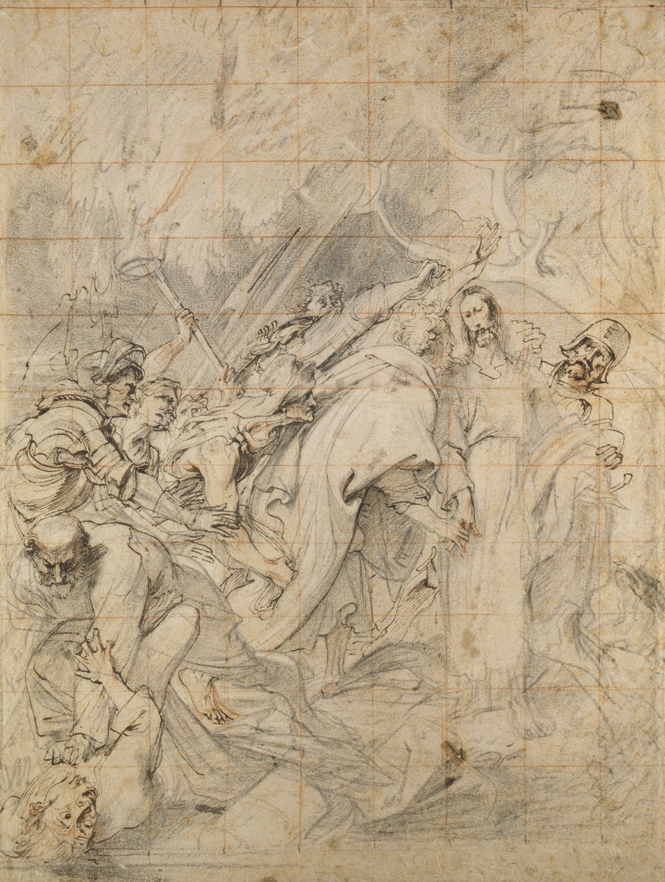 Krisztust fogságba ejtik (fekete, fehér és piros zsírkréta barna papíron, barna tintával) alkotó: Anthony van Dyck