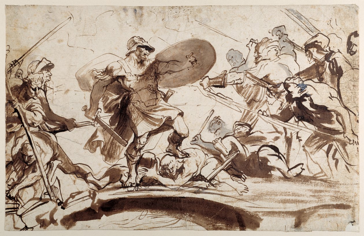 Horatius Cocles védi a Tiberis hidat (toll és tinta mosással a papíron) alkotó: Anthony van Dyck
