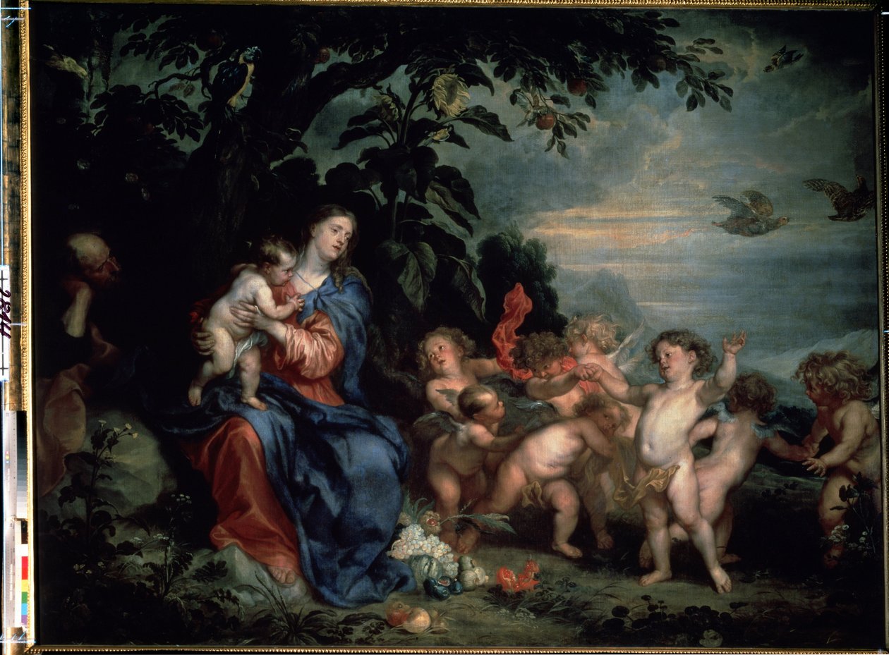 ""Rest on the Flight to Egypt or the Virgin with Partridges"" (Rest on the Flight to Egypt (Virgin with Partridges)) Sir Anthonis van Dyck festménye (1599-1641) 1629-1630 Méret: 215x285,5 cm Múzeum tól a remeteség, Szentpétervár alkotó: Anthony van Dyck