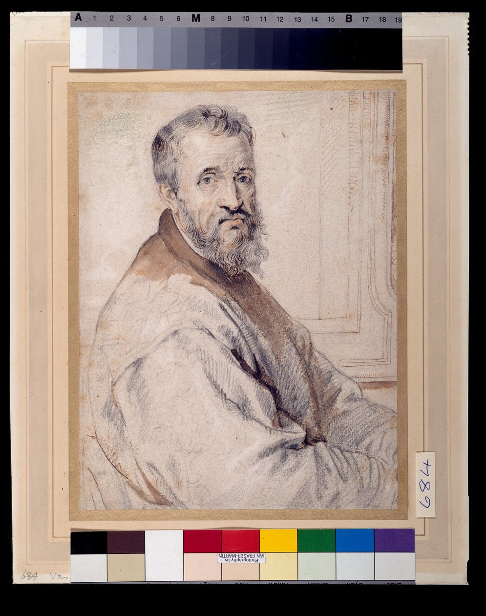 Michelangelo, feltehetően Bugiardini vagy Federico Zuccaro nyomán (piros-fekete kréta tollal és tintával, papíron lemosva) alkotó: Anthony van Dyck