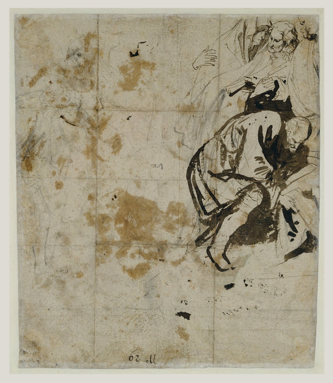 A sírba tétel részleges tanulmánya (hátoldal) (1617-18) (Fekete kréta, toll és barna tinta, barna és vöröses mosás, vörös és kék kréta, fehér gouache kiemelés) alkotó: Anthony van Dyck