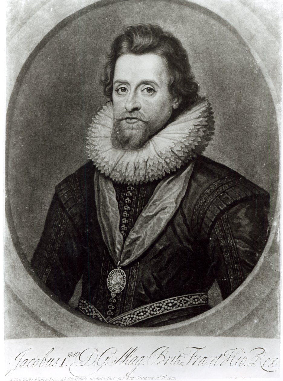 I. Jakab (1566-1625) portréja Nicholas Hilliard (1547-1619) 1617-es miniatúrája nyomán, amelyet George Vertue (1684-1756) metszett alkotó: Anthony van Dyck