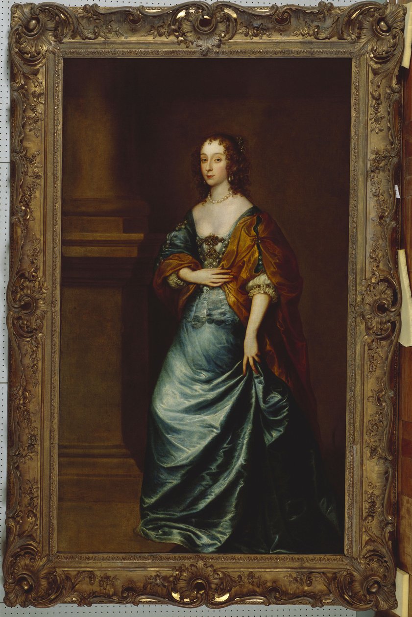 Mary Villiers, Lennox és Richmond hercegnő portréja kék ruhában, barna kötésben egy oszlop mellett alkotó: Anthony van Dyck