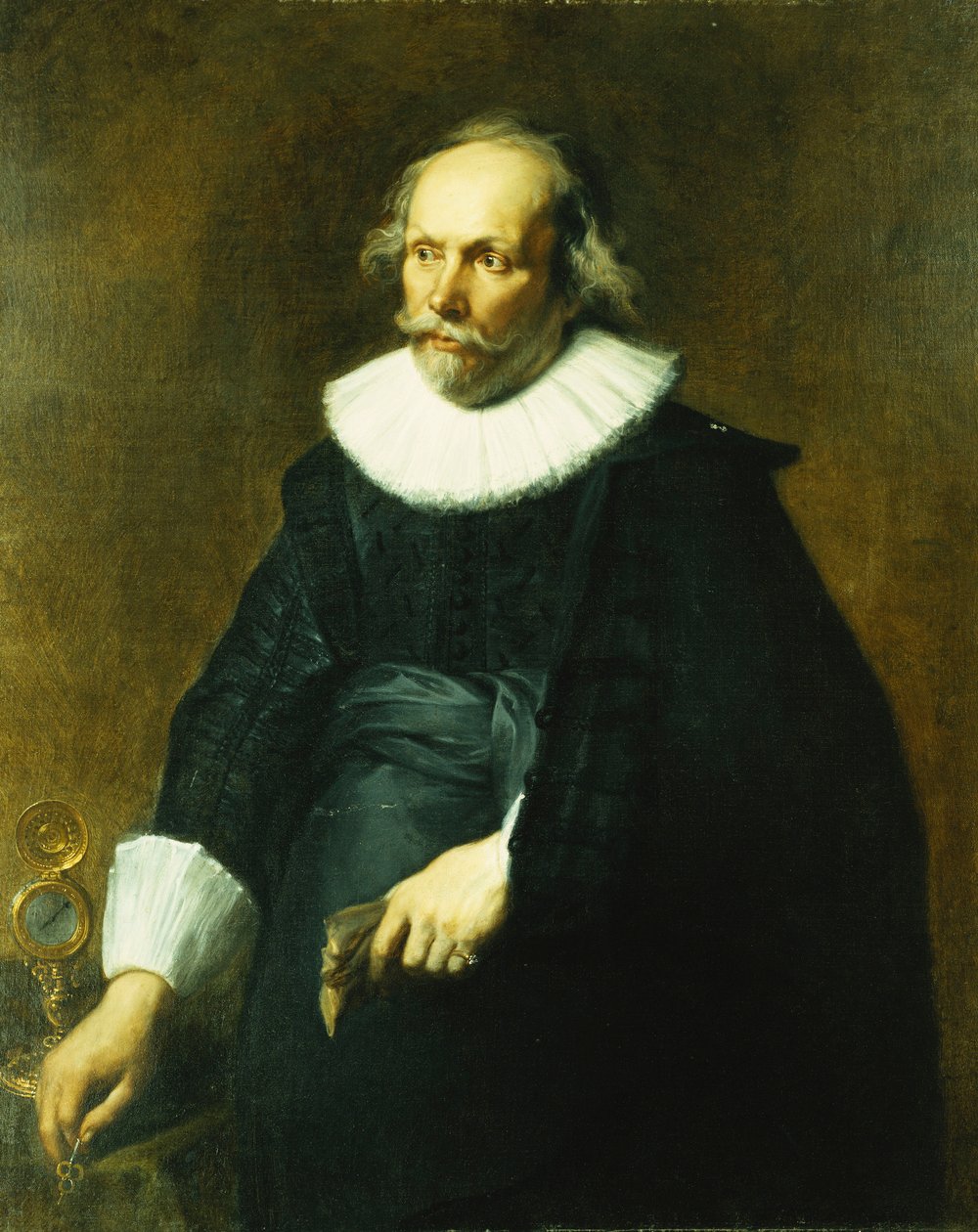 Egy úriember portréja, háromnegyed hosszú, fekete jelmezben, fehér gallérral és mandzsettával, asztal mellett órával, alkotó: Anthony van Dyck