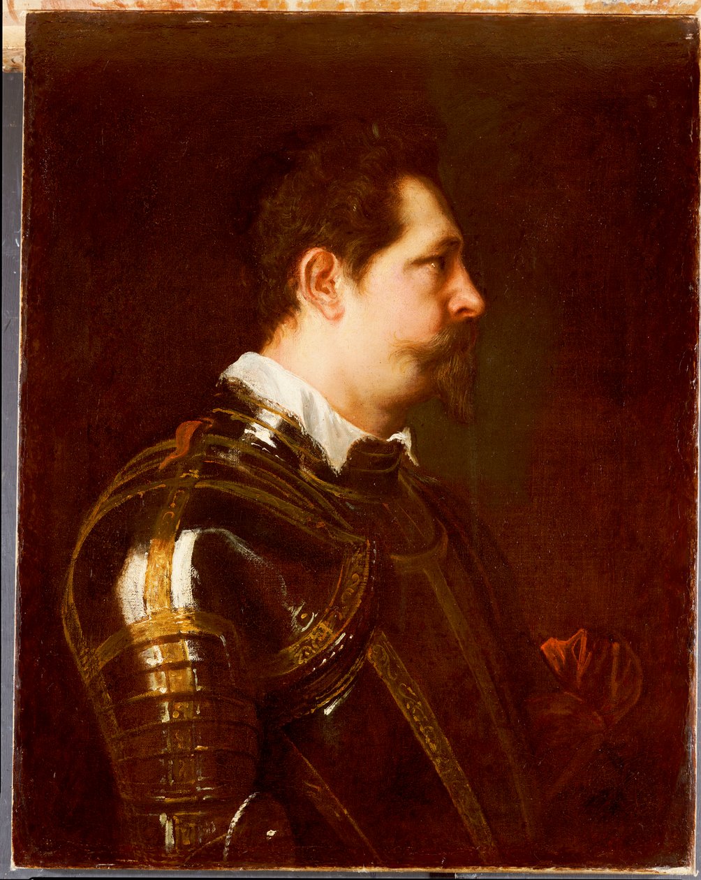 Általános arckép, mellhosszúságban, damasztált páncélban, fehér gallérral és piros pánttal alkotó: Anthony van Dyck