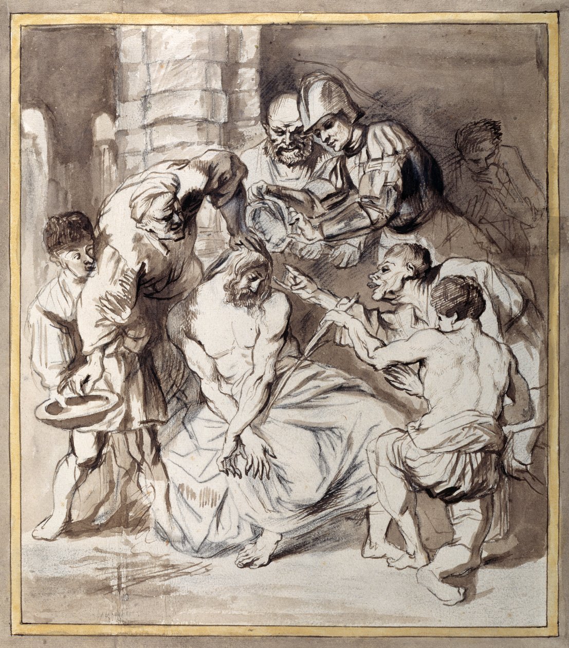 Krisztus kigúnyolása (toll és tinta krétával, papíron) alkotó: Anthony van Dyck