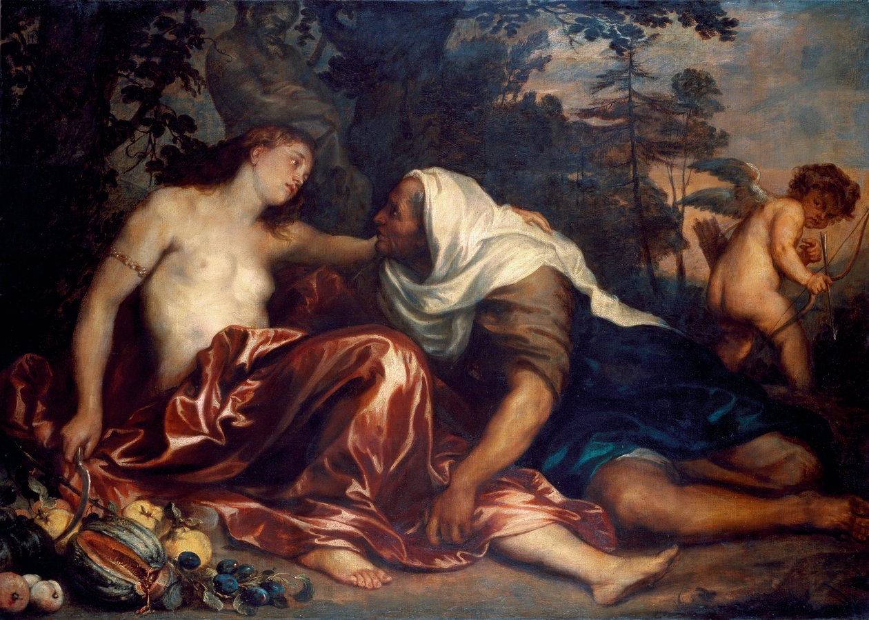 Vertumne és Pomone (Jupiter és Ceres): Vertumne, aki szerelmes Pomone nimfába, öregasszonynak álcázza magát, hogy közeledjen hozzá. Antonie Van Dyck (1599-1641) festménye 1623-1625 V. 141x197 cm Genes, Galleria di Palazzo Bianco alkotó: Anthony van Dyck