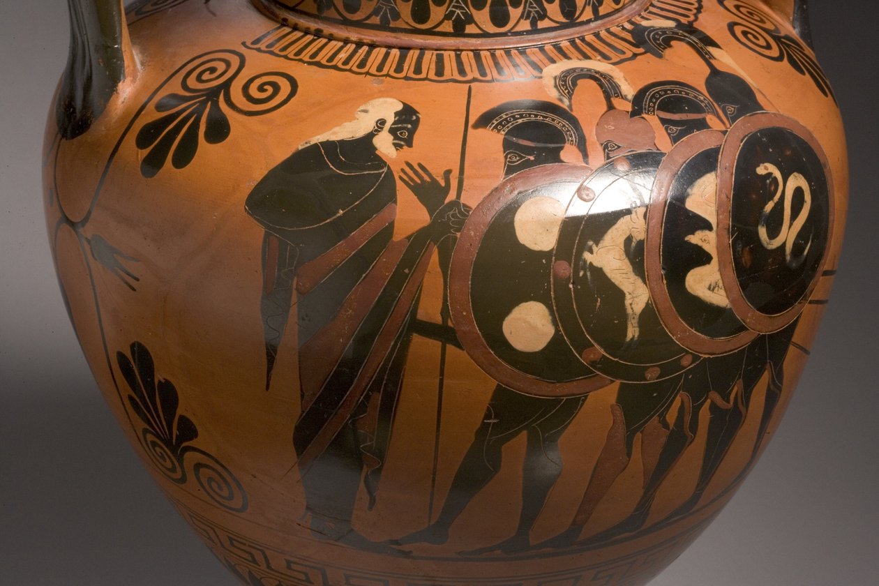 Tetőtéri fekete figurás amfora, amely jeleneteket ábrázol a trójai háború 249017-es kerámiarészletéből alkotó: Antimenes Painter