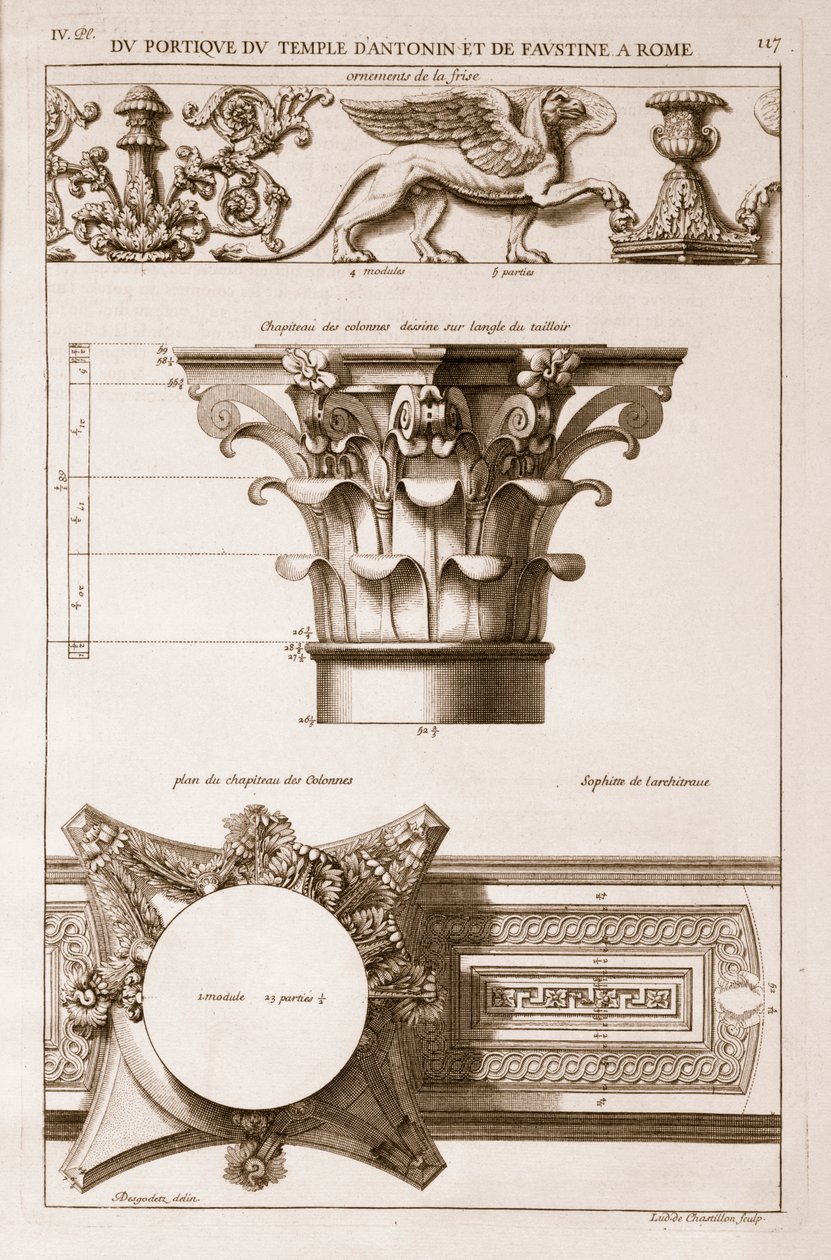 Antoninus és Faustina temploma, részletek az oszlopcsarnokból, a "Les Edifices Antiques de Rome" című, 1682-ben megjelent kötetből. alkotó: Antoine Babuty Desgodets