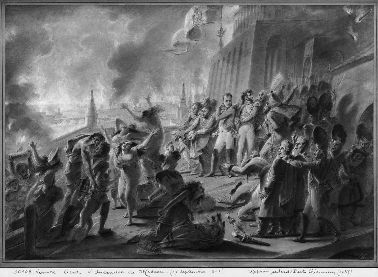 Moszkva tüze 1812 szeptemberében (toll és barna tinta, szürke mosás és gouache kiemelések papíron) alkotó: Antoine Jean Gros