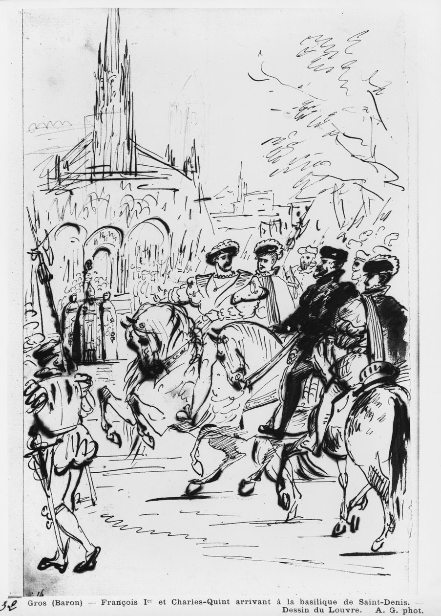 I. Ferenc és V. Károly megérkezik a Saint-Denis-i apátsági templomba, 1811 körül (toll, barna tinta és grafit papíron) alkotó: Antoine Jean Gros