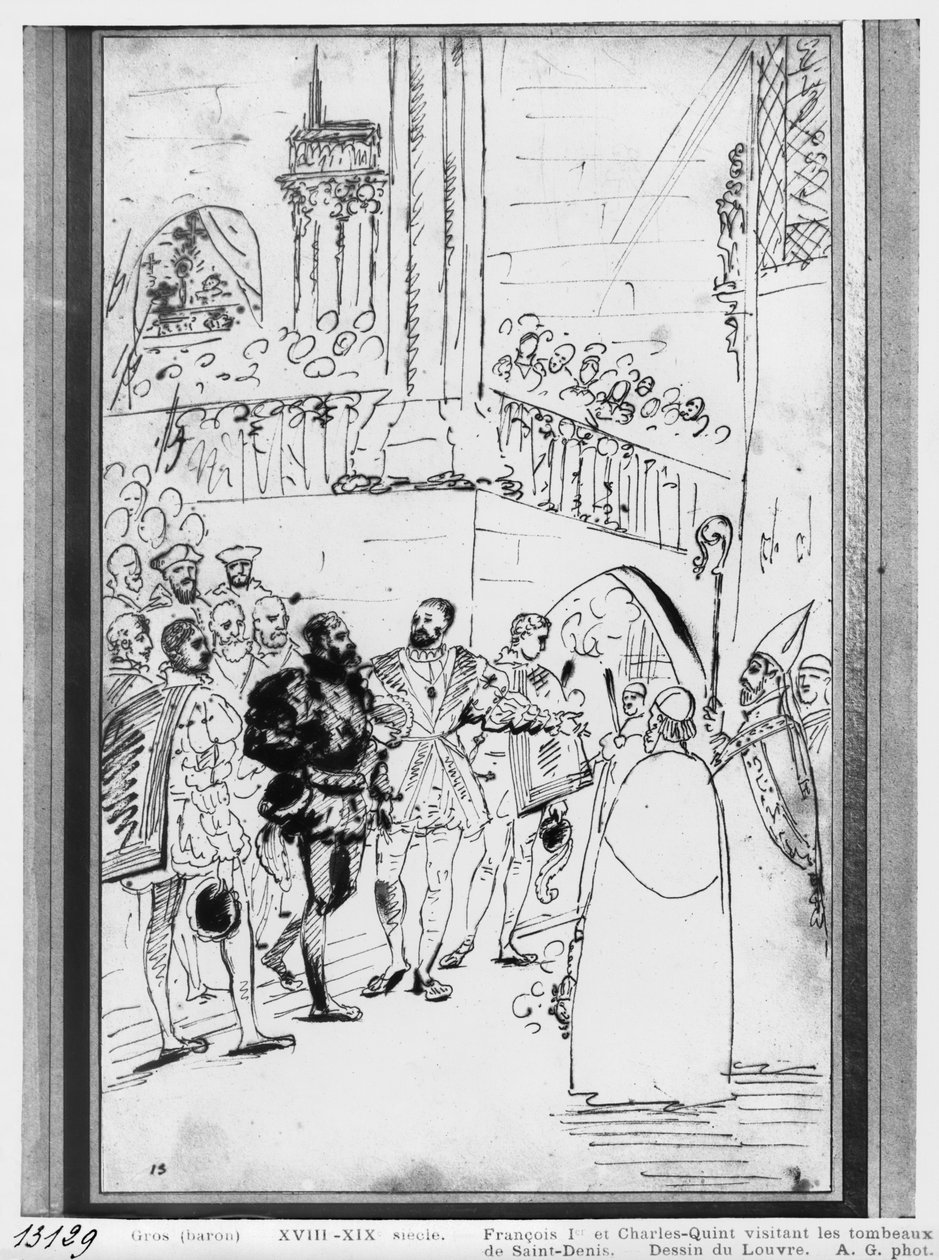 I. Ferenc és V. Károly a Saint-Denis-i apátsági templomban, 1811 körül (toll, barna tinta és grafit papíron) alkotó: Antoine Jean Gros