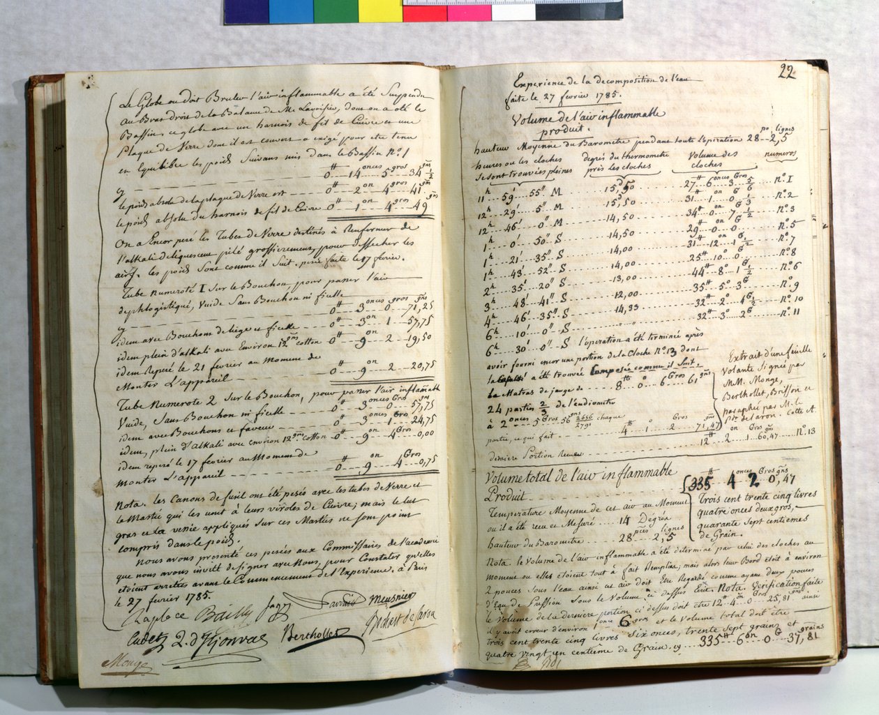 Lavoisier feljegyzései a víz lebontásával kapcsolatos kísérletéről, 1785. február 27. alkotó: Antoine Laurent de Lavoisier