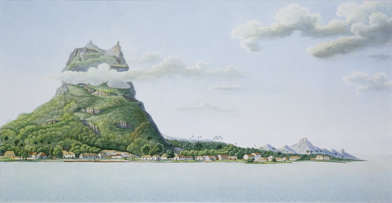 Bora Bora szigetének látképe, Louis Claude Desaulses de Freycinet (1779-1842) "Voyage autour du Monde (1817-20)" című művéből, Ambroise Tardieu (1788-1841) metszete, megjelent 1822-24-ben. alkotó: Antoine Lejeune and Chazal