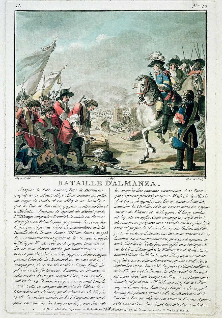 Almansai csata, 1707. április 25., Jean Baptiste Morret (1790-1820) metszete, 1787. alkotó: Antoine Louis Francois Sergent Marceau