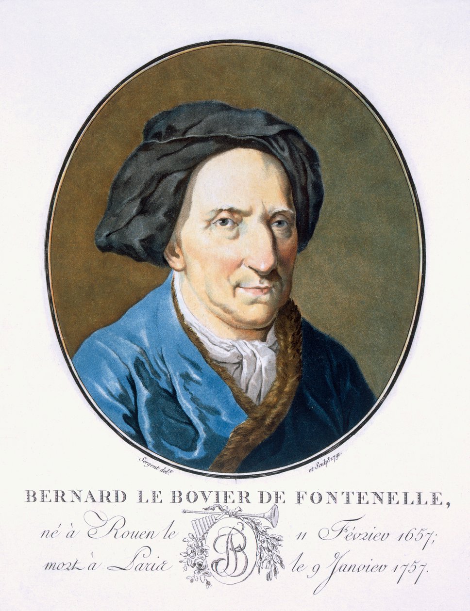 Bernard le Bovier de Fontenelle, „Franciaországi nagy férfiak, jeles nők és emlékezetes francia alanyok portréi, vésve és színekkel nyomtatva”, Pierre Blin, 1786-92, Párizs (e szín) alkotó: Antoine Louis Francois Sergent Marceau