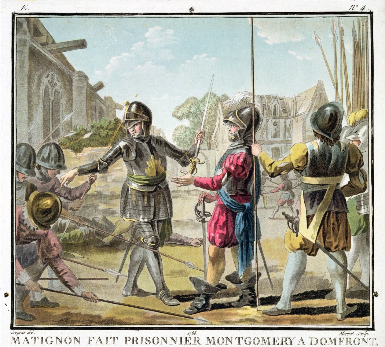 Jacques il Goyon, Matignon ura, Montgomeryt egy ház előtti foglyul ejti, vésette Jean Baptiste Morret (fl. 1790-1820), 1788 alkotó: Antoine Louis Francois Sergent Marceau