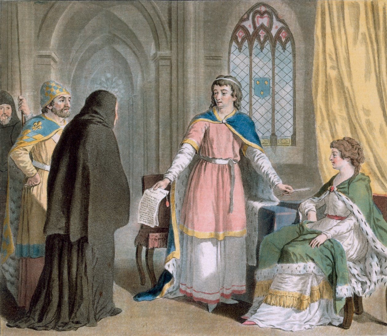 Suger apátot Franciaország régensévé nevezik ki, 1788 (színes metszet) alkotó: Antoine Louis Francois Sergent Marceau