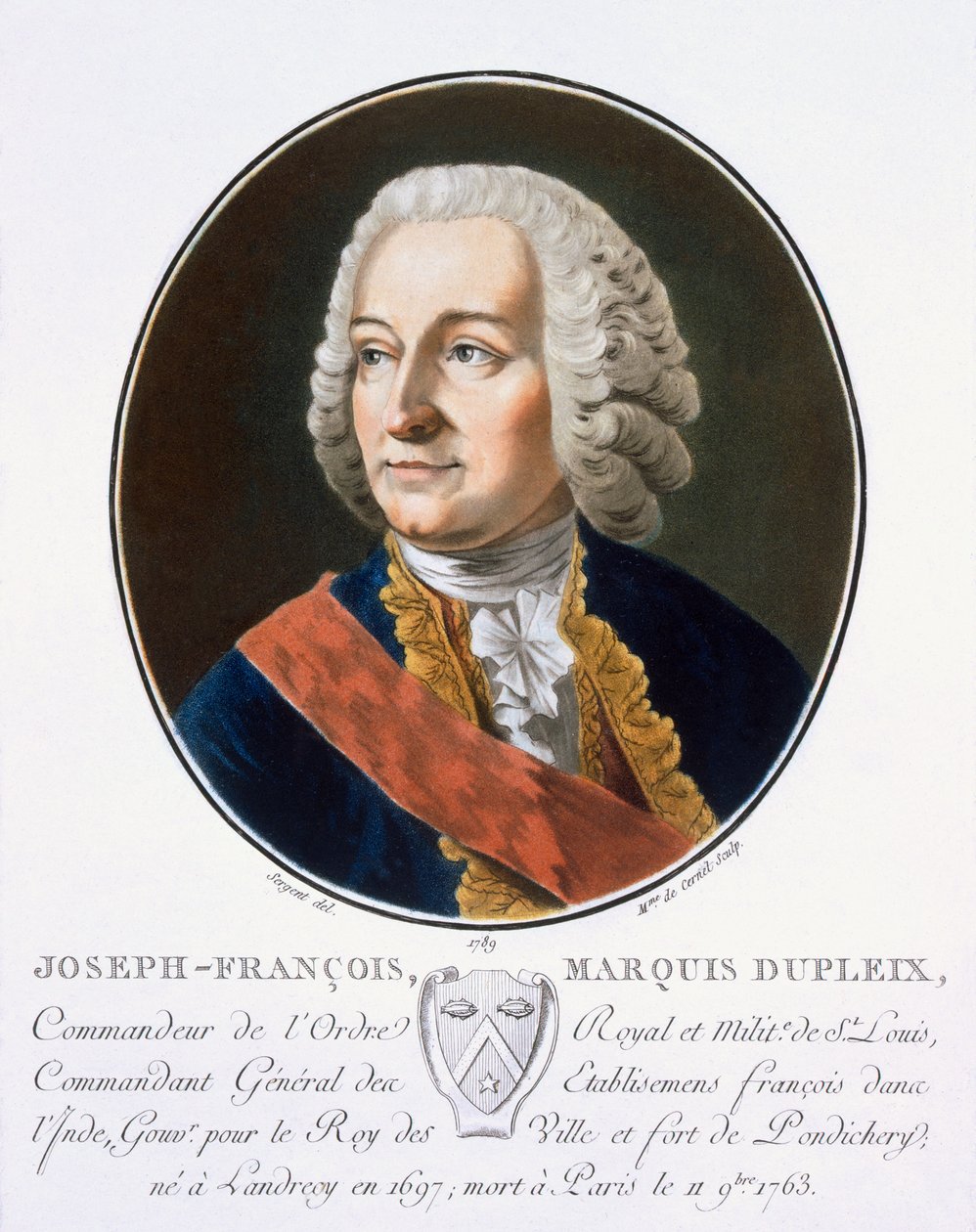 Joseph-Francois, Marquis Dupleix, a "Nagy férfiak, jeles nők és emlékezetes francia alanyok portréiból, vésve és színekkel nyomtatva", kiadó Pierre Blin, 1786-92, Párizs (színes alkotó: Antoine Louis Francois Sergent Marceau