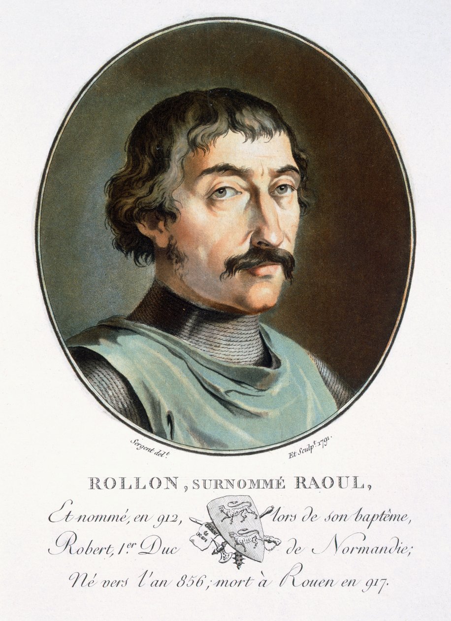 Rollo, a dán, Normandia hercege, "Nagy férfiak, jeles nők és emlékezetes francia alanyok portréi, sír és színes nyomatok" című könyvéből, Pierre Blin, 1786-92, Párizs (színes alkotó: Antoine Louis Francois Sergent Marceau